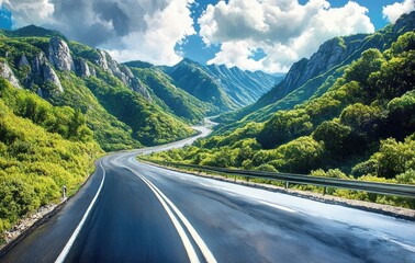 Naklejka premium Scenic Highway Curving Through Lush Green Mountains Beautiful Landscape Nature Travel