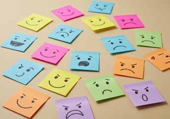 Collection of sticky notes showing different emotions and moods, illustrating feelings conceptually.