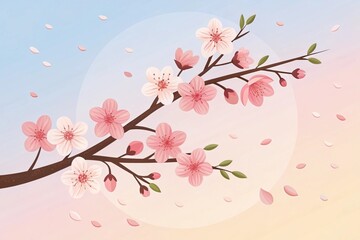 Fototapeta premium Spring blossoms create a serene atmosphere with soft pastel colors and falling petals in a modern flat design