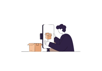 Man take photo a box for review. Clean, modern illustration, suitable for e-commerce and delivery concepts.
