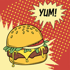 Vibrant Cheeseburger with Comic Explosion.