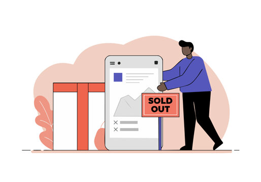 A man holds a smartphone displaying 'SOLD OUT'. Clean, modern illustration conveys a successful sale or limited availability. Perfect for e-commerce and digital marketing.