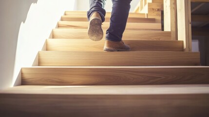 Carpenter installing a wooden staircase in a new house. Featuring precision and craftsmanship