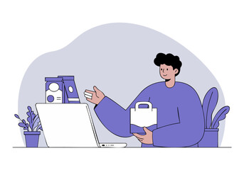 A young man sits at a desk with a laptop, holding a shopping bag with a discount symbol. He appears happy and engaged, suggesting online shopping and deals.