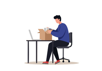 Fototapeta premium A man sits at a desk, working on a laptop and unpacking a cardboard box. Simple, clean composition, ideal for illustrating remote work and online shopping.