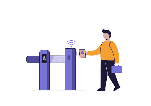 A man swipes a card at a turnstile, accessing a building. Modern, clean design. Ideal for access control, security, or commuting concepts.