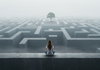 A pensive woman contemplates the complexities of a maze with a lone tree symbolizing hope.