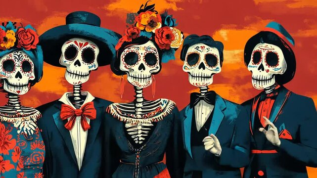 Vibrant Mexican Art Illustration of Day of the Dead Skull in Cartoon Style