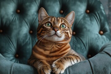 elegant bengal cat on plush armchair in minimalist indoor setting
