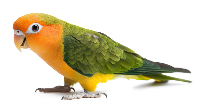A green and yellow parrot is standing on a white background. The bird has a bright orange beak and is looking at the camera
