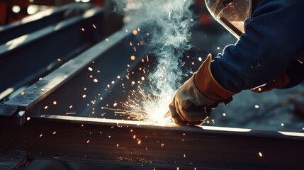Construction worker welding steel beams at a modern building site. Featuring strength and craftsmanship