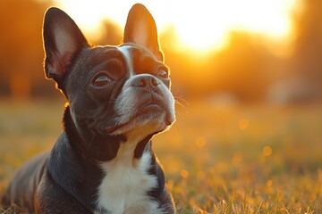 Boston Terrier Dog Lying on Green Grass Happy Cute Resting Pet