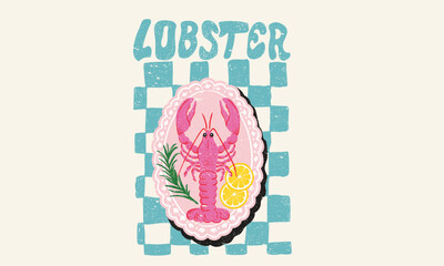 Seafood club. Lobster fish artwork for t shirt print, poster, sticker and other uses. Lobster design. Fish vintage artwork. Lemon with prawn design.