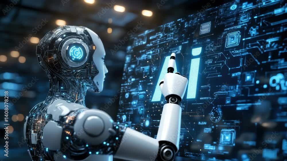 Poster futuristic humanoid robot analyzing artificial intelligence data on a digital screen, representing a