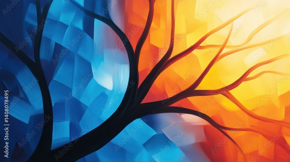 Poster abstract representation of a tree with contrasting colors, symbolizing change and duality