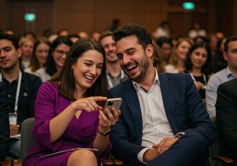 Two attendees at a conference laugh while sharing a phone, amidst a large audience.