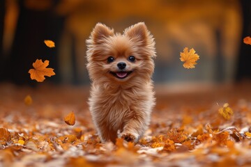 cute brown chihuahua dog walking on autumn leaves outdoors in a park