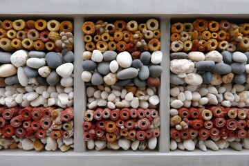Decorative display of colorful pebbles and stones arranged in intricate patterns at a contemporary outdoor installation