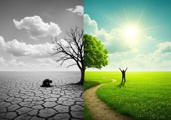 A visually stunning depiction showing the contrast between hope and despair in a vibrant landscape.