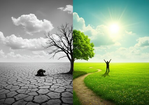 A visually stunning depiction showing the contrast between hope and despair in a vibrant landscape.