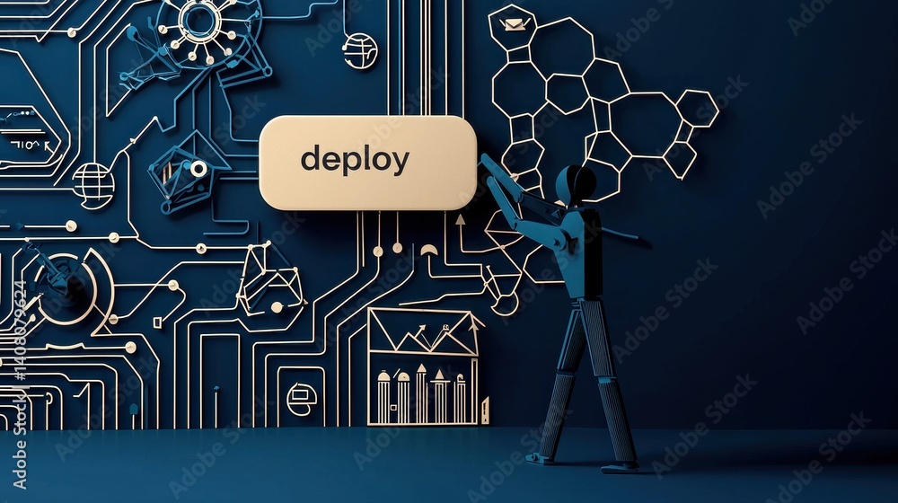 Poster a digital figure interacts with a circuit board design, emphasizing the action of deploying technolo