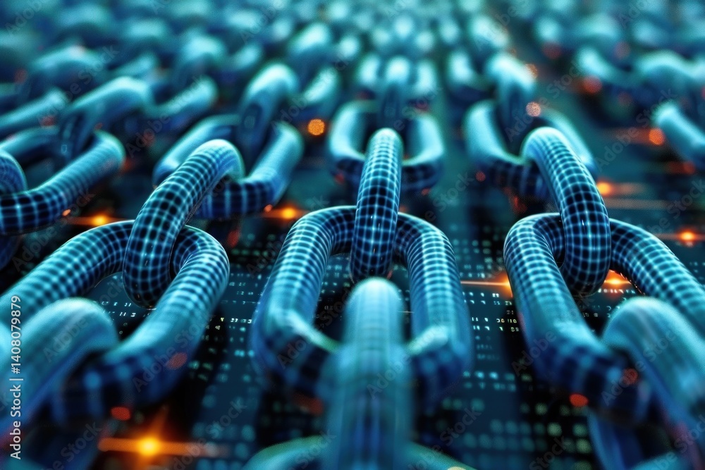 Poster blockchain technology, a digital chain of interconnected blocks securing data and transactions.