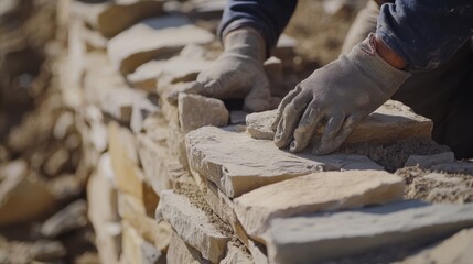 Hispanic mason laying stone for a decorative wall. Featuring masonry skills and decorative stonework