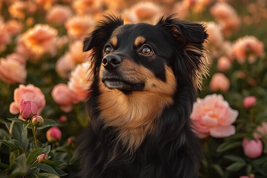 black and tan gordon setter dog portrait in lush garden with blooming peonies in summer