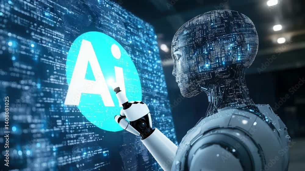 Poster futuristic humanoid robot analyzing artificial intelligence data on a digital screen, representing a