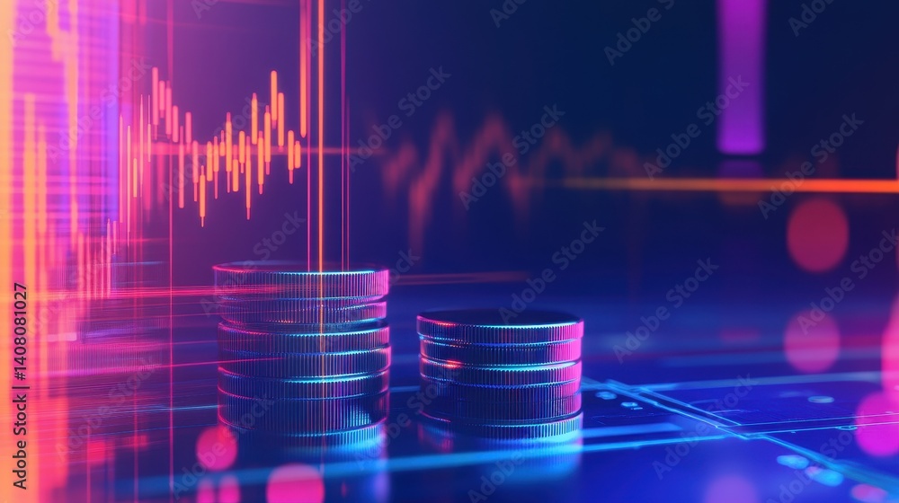 Aufkleber stacked coins on a digital interface with vibrant colors and financial graphs in the background