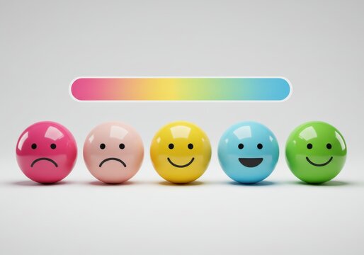 Five colorful spheres with facial expressions and a progress bar, representing customer satisfaction levels.