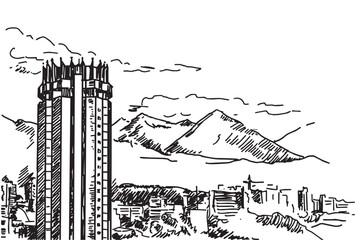 Architectural drawing sketch Almaty hotel Kazakhstan with mountain landscape on background. Vector illustration