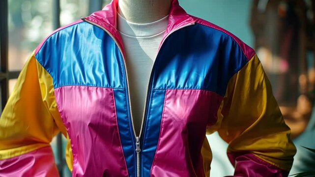 Vibrant 80s Retro Color Block Jacket on Mannequin