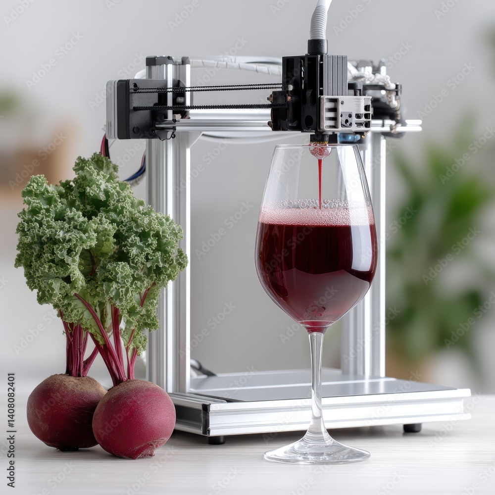 Aufkleber robotic arm operating advanced food 3d printer, crafting structured meat analog from pea protein and