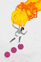 Poster trend sketch template photo collage of halftone yellow skin hand prisoner handcuffs crime...