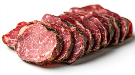 thin slices of cured meat bresaola,marbled texture isolated on white transparent background concept of delicacy,photo stock