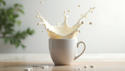 Fresh Milk Splash in Ceramic Cup on Table