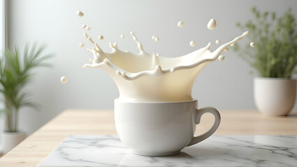 Fresh Milk Splash in Ceramic Cup on Table