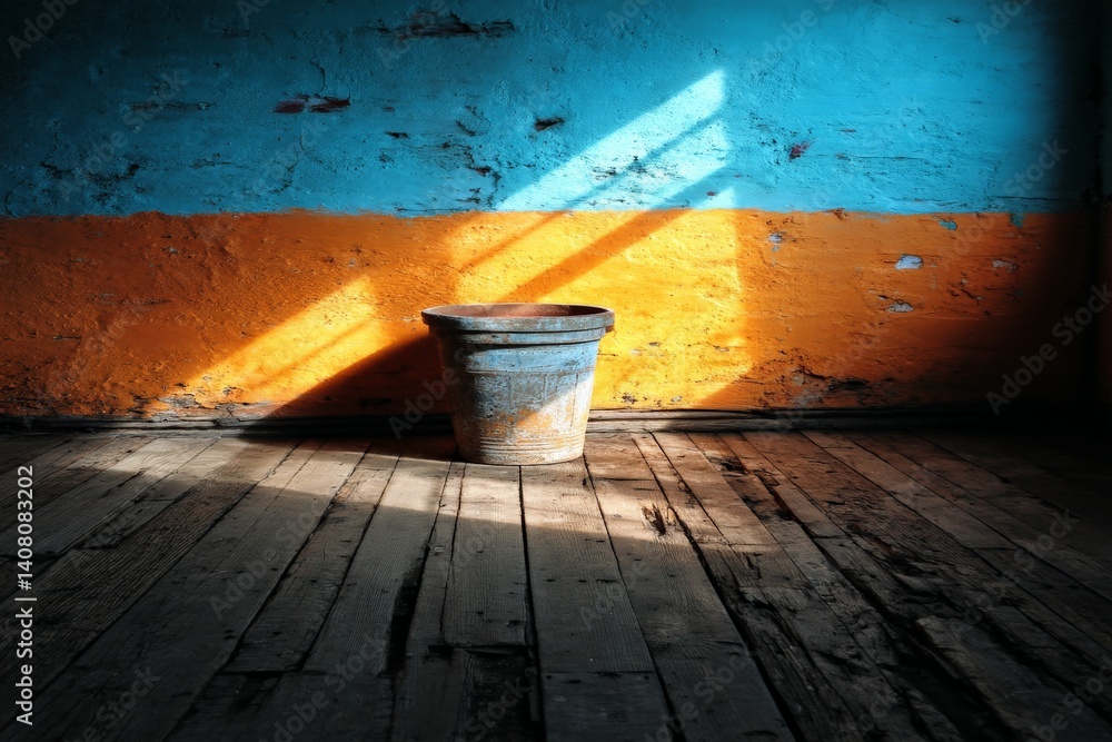 Poster sunlight casts a vibrant pattern on an old bucket in a rustic room with blue and orange walls during
