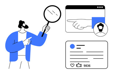 Person holding magnifying glass, examining online profiles, hand gestures, and social media stats. Ideal for research, analysis, networking, online presence, audience engagement digital marketing