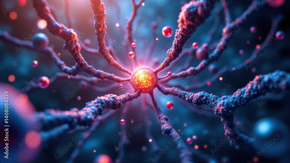 Poster a captivating microscopic view of a glp1 molecule interacting with a brain neuron, highlighting its 