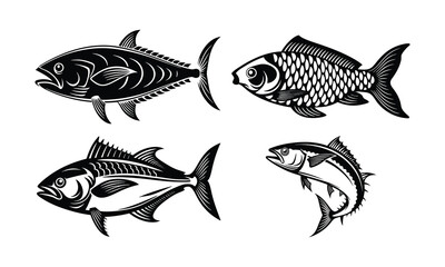 Fototapeta premium Blue vector illustration set of seafish, including tuna and salmon