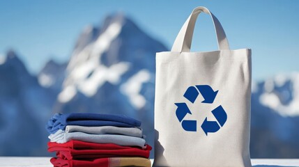 A stylish reusable tote bag featuring the recycling symbol alongside a neatly stacked pile of folded clothes, promoting the importance of sustainability and encouraging responsible consumption habits