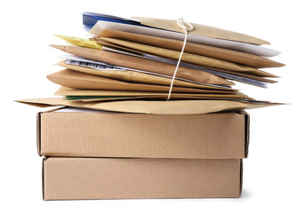 Different paper envelopes and parcels isolated on white. Post office
