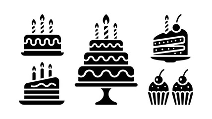 Festive Sweet Treats: A delightful assortment of celebratory sweets, featuring tiered cakes with candles and individual cupcakes, rendered in a sleek and minimalistic vector design. 