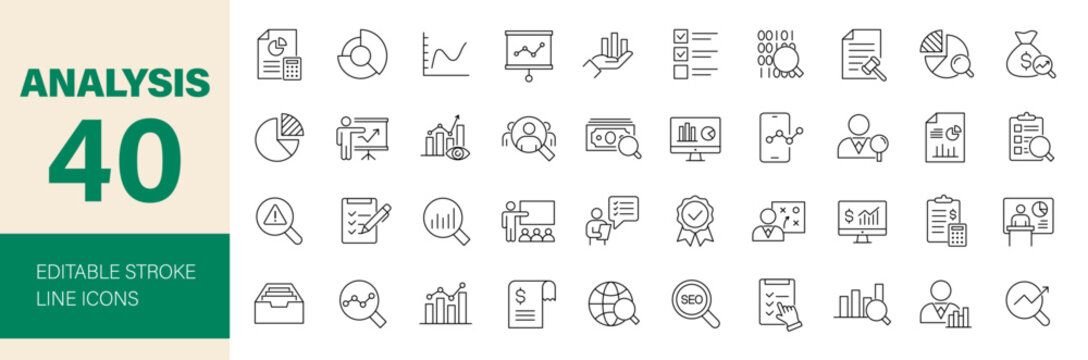 Analysis icon set. Containing analytics, data, big data, financial, seo, research, examining, planning, balance, charts, report, graph and more. Editable line icons. Vector illustration.