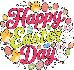 Whimsical teal-red Easter text with egg details in modern script, Happy Easter Day celebration typography vector style illustration; hand-drawn modern calligraphy design vector illustration.