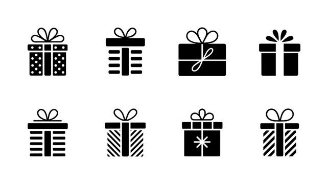 Festive Gift Box Icons: A delightful assortment of gift box icons, each elegantly presented with a charming ribbon, perfect for conveying a sense of celebration, surprise, and the spirit of gifting.