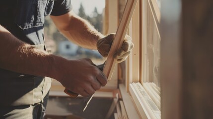 Carpenter installing wooden trim around windows. Featuring detail and focus