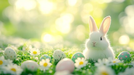 Fototapeta premium A charming Easter bunny nestled among vibrant eggs and spring flowers in a sunlit meadow, basking in warm golden rays